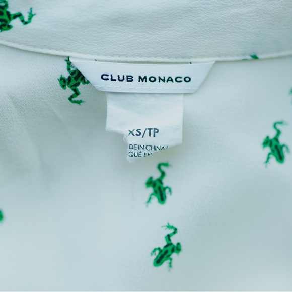 CLUB MONACO Button Front Blouse, White Print w/ Green Frogs - X-Small - Picture 3 of 9